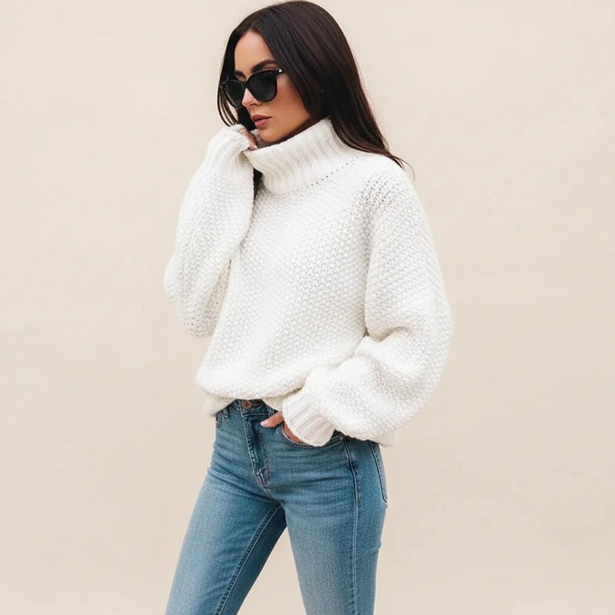 Winter Chunky Knit Cropped Turtleneck Sweater for Women in White