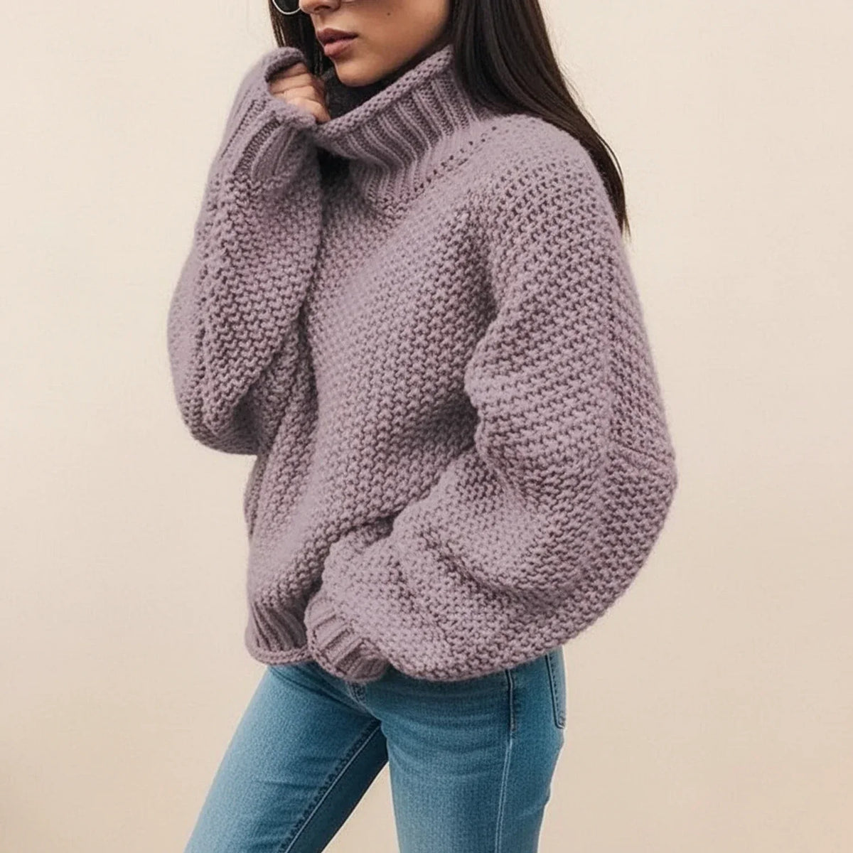 Winter Chunky Knit Cropped Turtleneck Sweater for Women in Purple