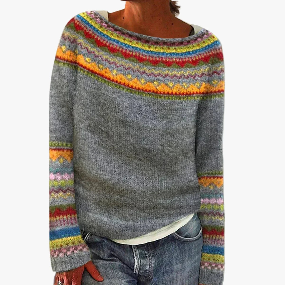 Fair Isle Sweater Womens Boat Neck Nordic Yoke Acrylic Knit Winter