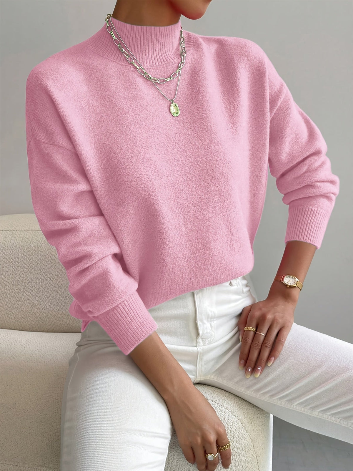 Turtleneck Sweater Womens Knit Ribbed Trim Drop Shoulder Winter
