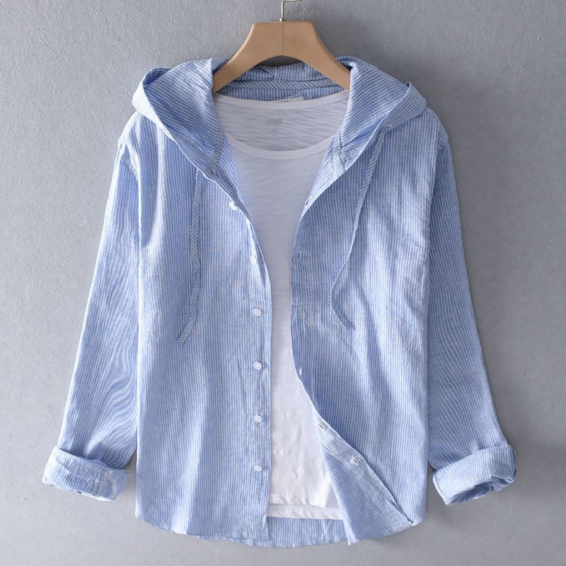 Shirt Jacket Womens Hooded Button Front Striped Weave Curved Hem