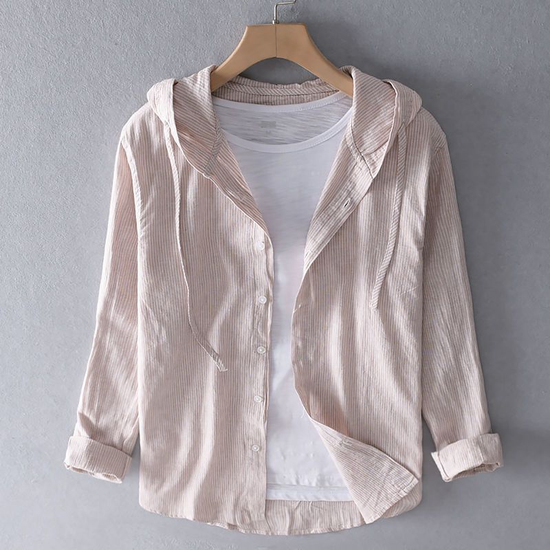 Shirt Jacket Womens Hooded Button Front Striped Weave Curved Hem