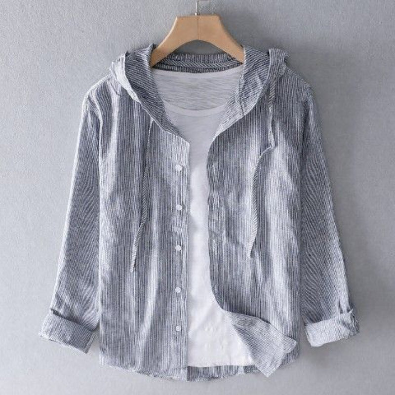 Shirt Jacket Womens Hooded Button Front Striped Weave Curved Hem