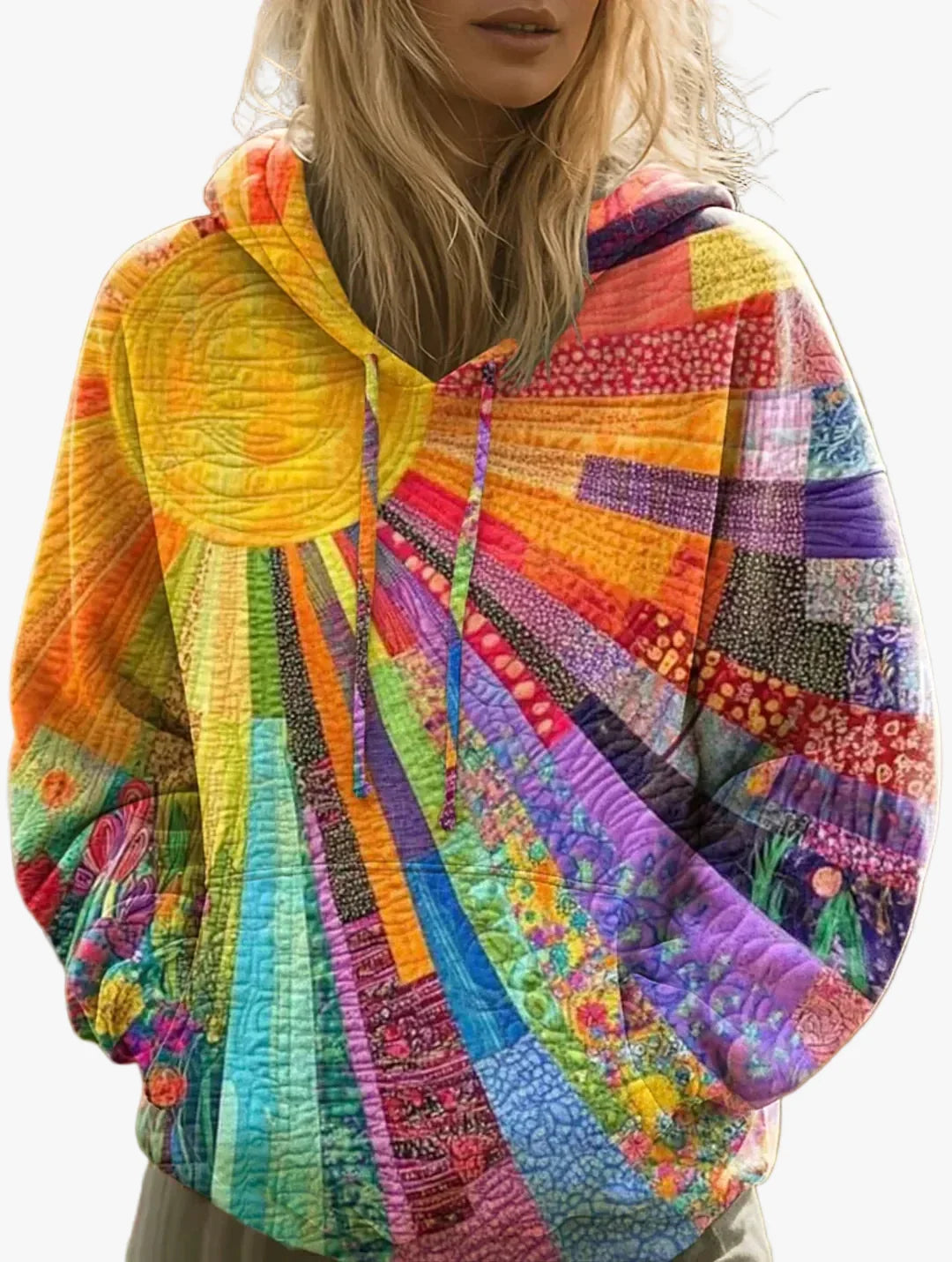 Hoodie Womens Quilted Patchwork Drawstring Kangaroo Pocket Pullover