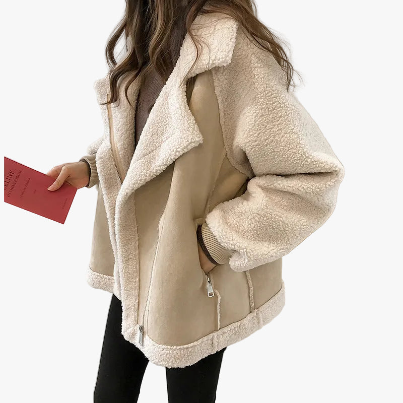 Shearling Coat Womens Faux Fur Turn Down Collar Open Front Hip Length