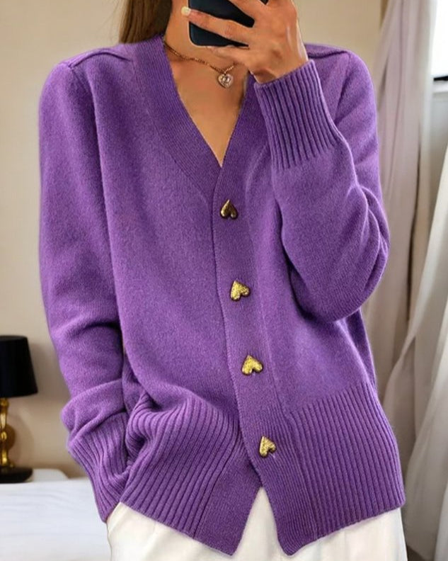 Cardigan Sweater Womens V Neck Heart Button Front Long Sleeve