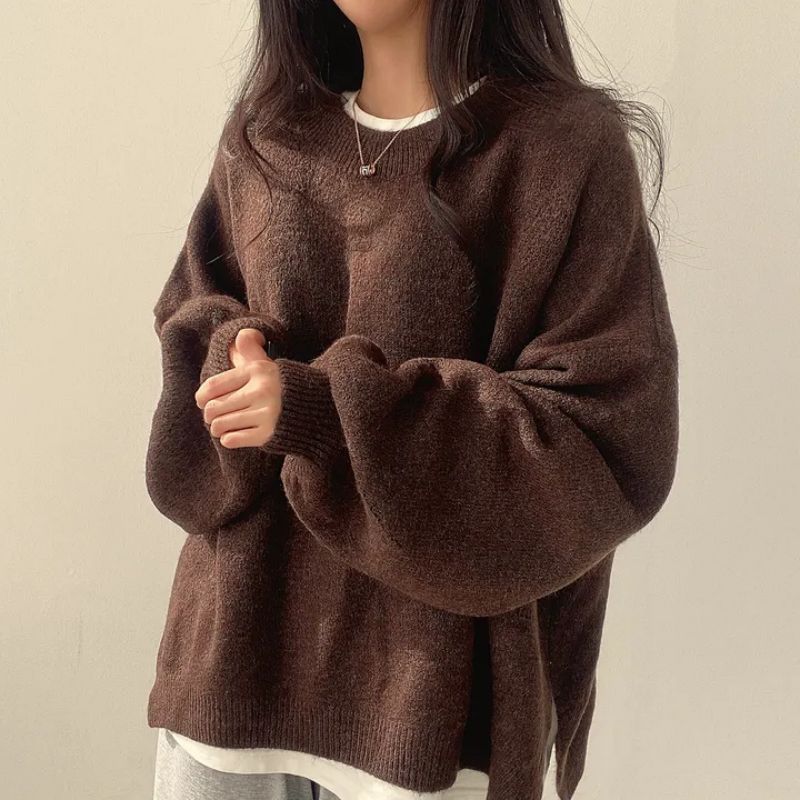 Knit Sweater Womens Crew Neck Drop Shoulder Side Slit Wide Sleeve