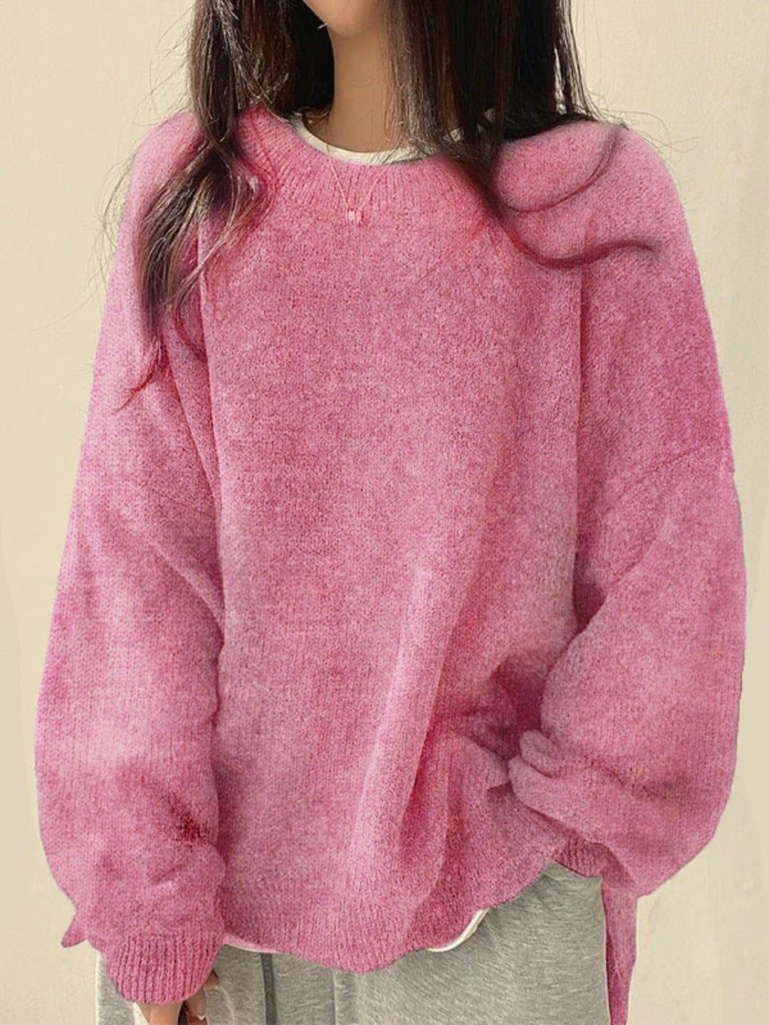Knit Sweater Womens Crew Neck Drop Shoulder Side Slit Wide Sleeve