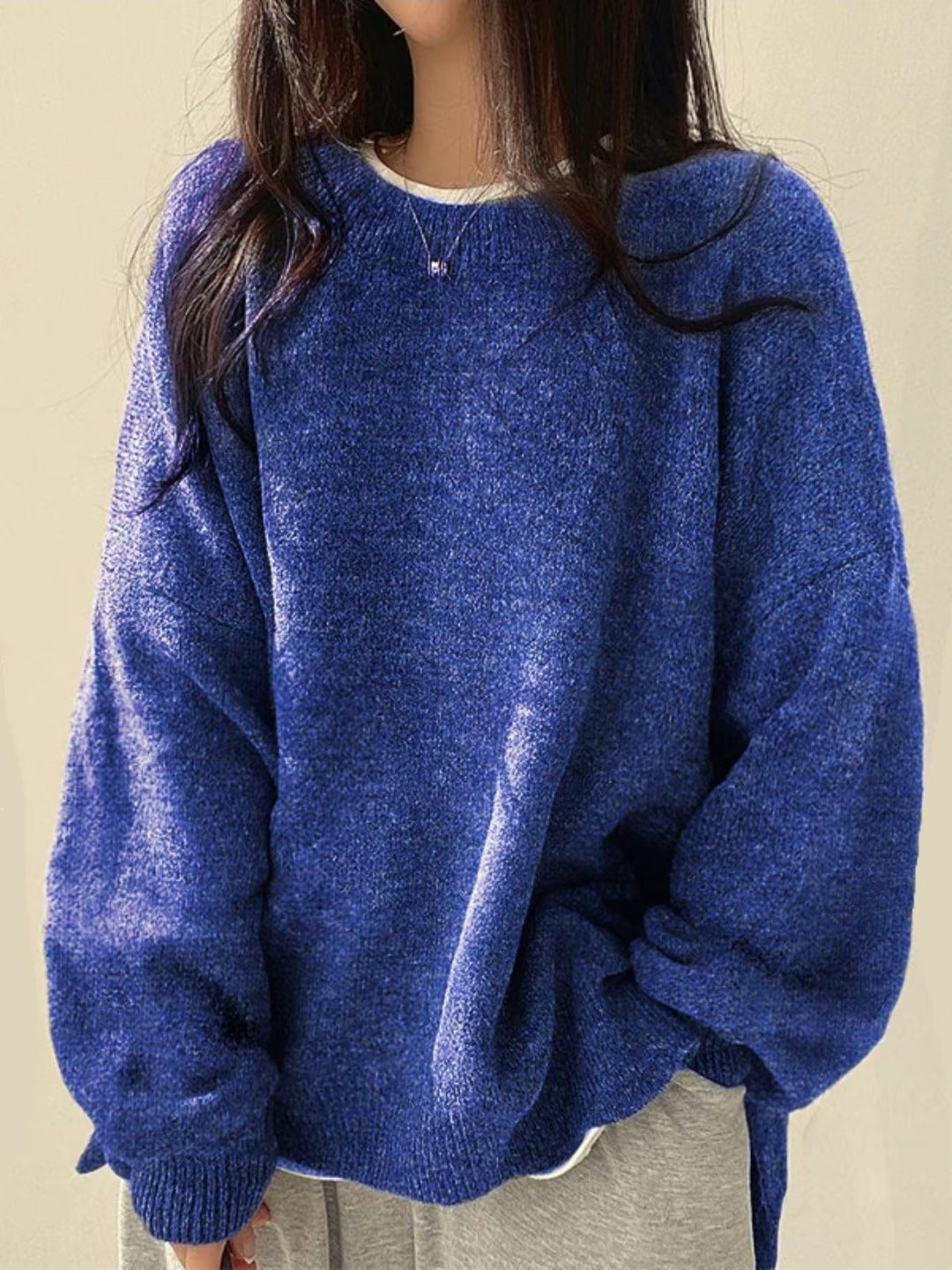 Knit Sweater Womens Crew Neck Drop Shoulder Side Slit Wide Sleeve