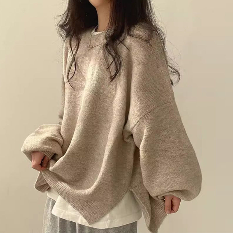 Knit Sweater Womens Crew Neck Drop Shoulder Side Slit Wide Sleeve