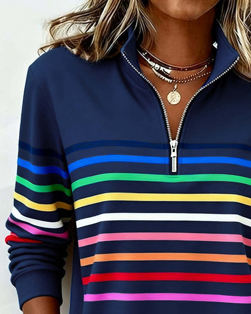Knit Sweater Womens Quarter Zip Stand Collar Striped Band Pullover
