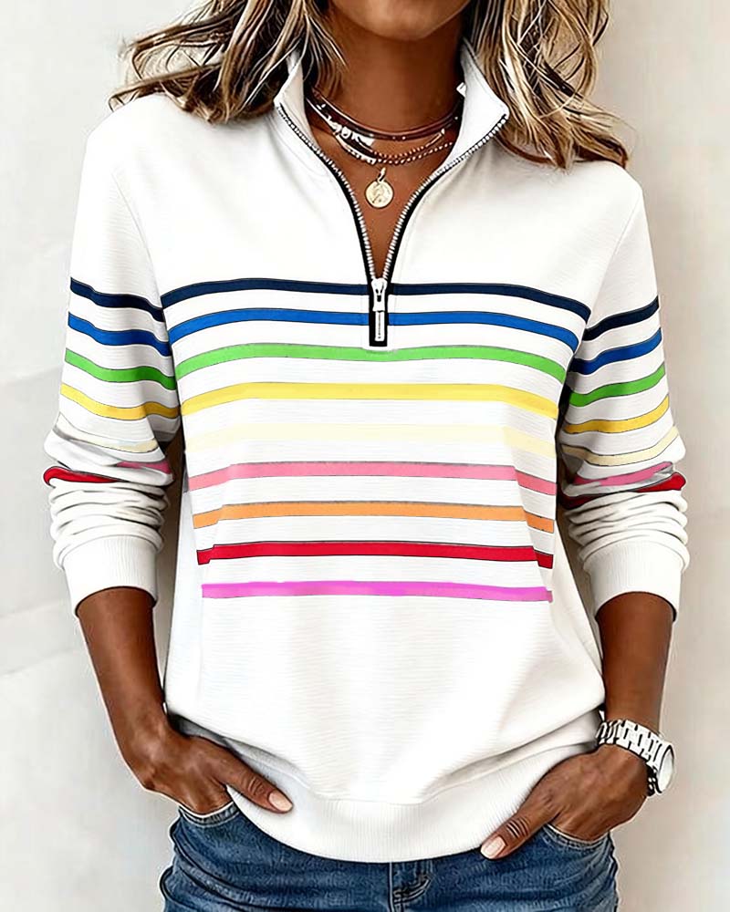 Knit Sweater Womens Quarter Zip Stand Collar Striped Band Pullover