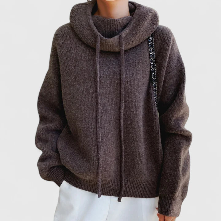 Hoodie Womens Knit Sweater Wide Hood Drawstring Ribbed Trim Pullover