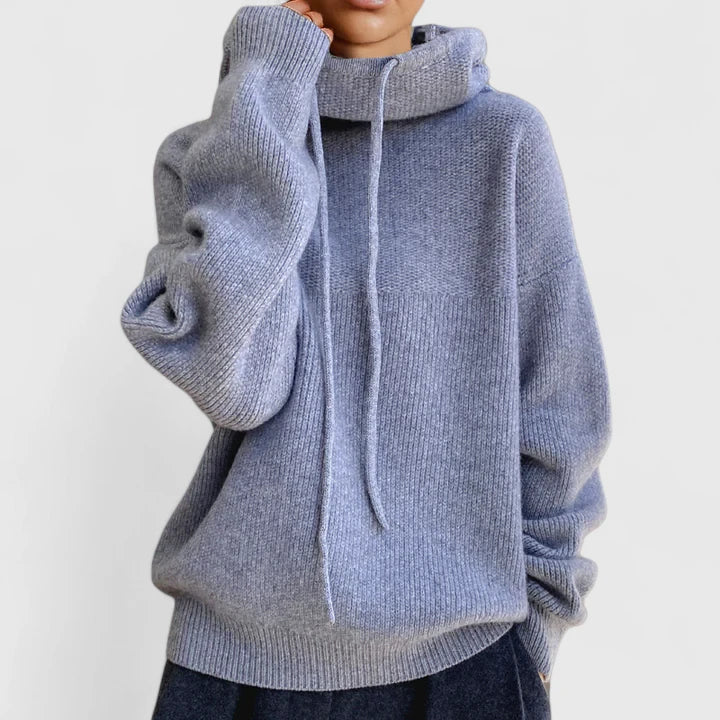 Hoodie Womens Knit Sweater Wide Hood Drawstring Ribbed Trim Pullover