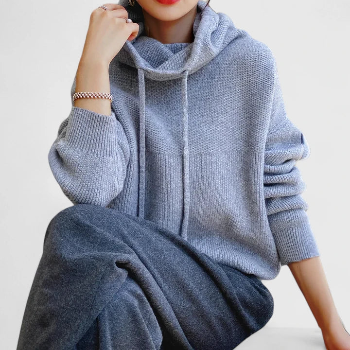 Hoodie Womens Knit Sweater Wide Hood Drawstring Ribbed Trim Pullover