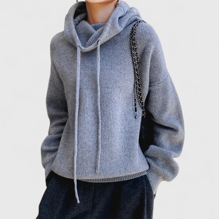 Hoodie Womens Knit Sweater Wide Hood Drawstring Ribbed Trim Pullover