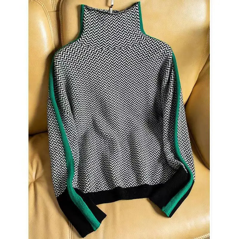 Turtleneck Sweater Womens Herringbone Shoulder Stripe Panel Winter