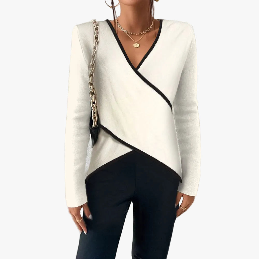 Knit Sweater Womens Wrap Front V Neck Contrast Trim Angled Overlay