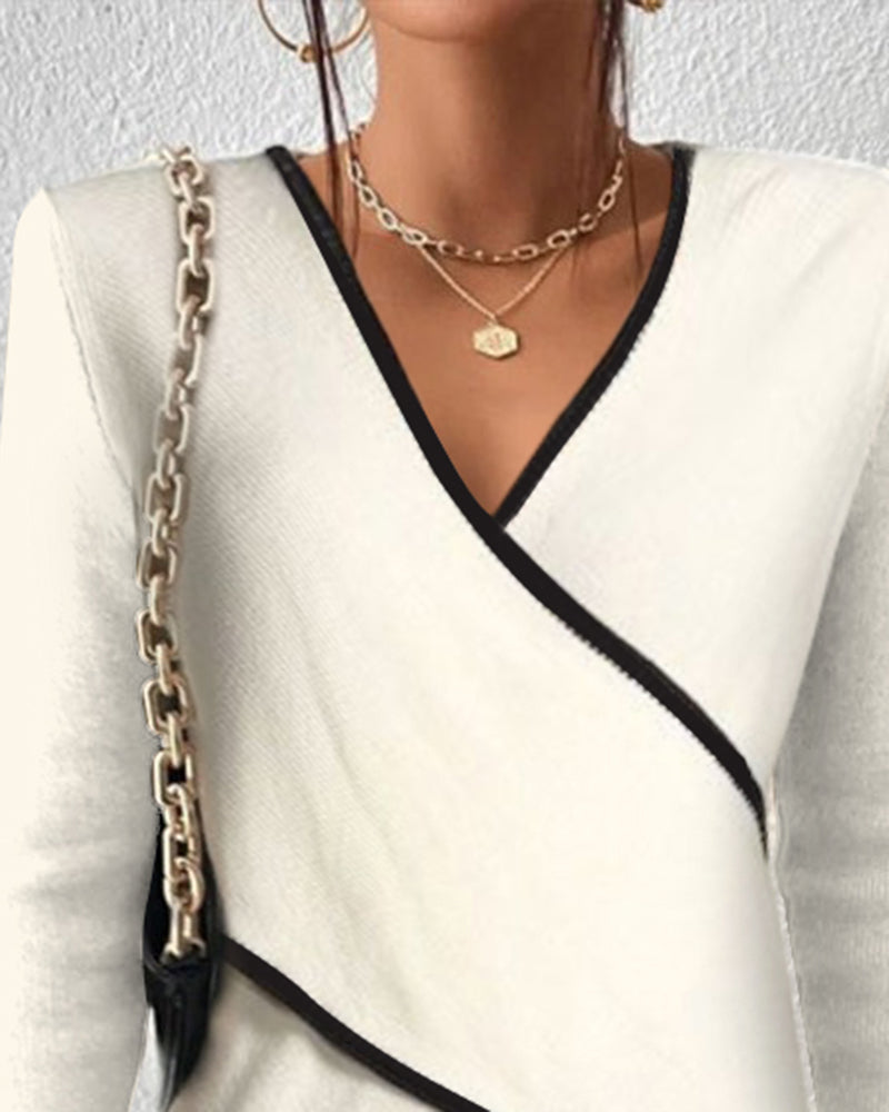 Knit Sweater Womens Wrap Front V Neck Contrast Trim Angled Overlay