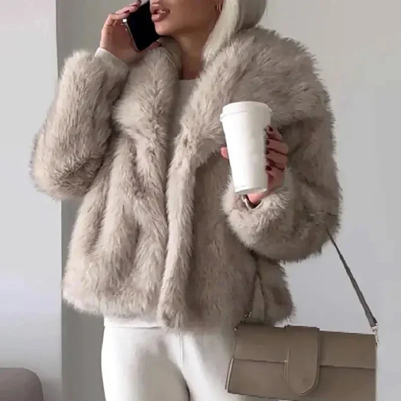Faux Fur Coat Womens Long Pile Shawl Collar Open Front Short