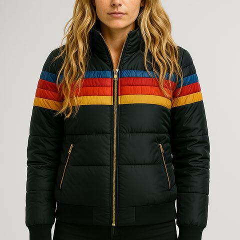 Puffer Jacket Womens Hooded Quilted Stripe Band Zip Front Padded