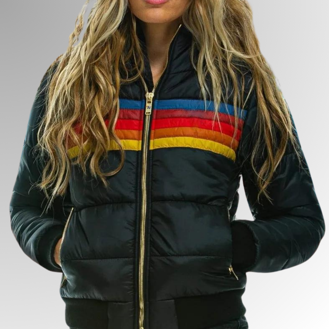 Puffer Jacket Womens Hooded Quilted Stripe Band Zip Front Padded
