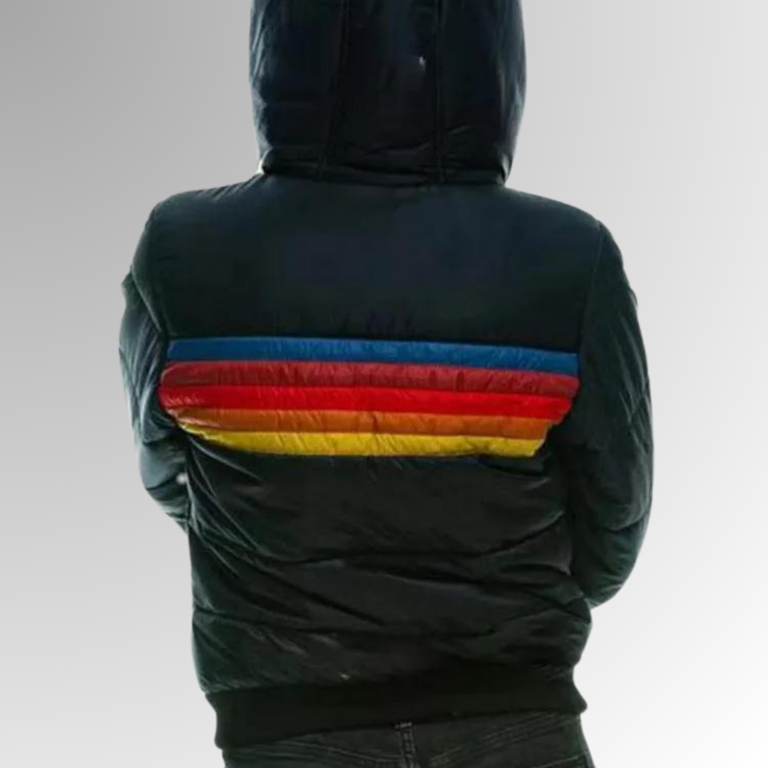 Puffer Jacket Womens Hooded Quilted Stripe Band Zip Front Padded