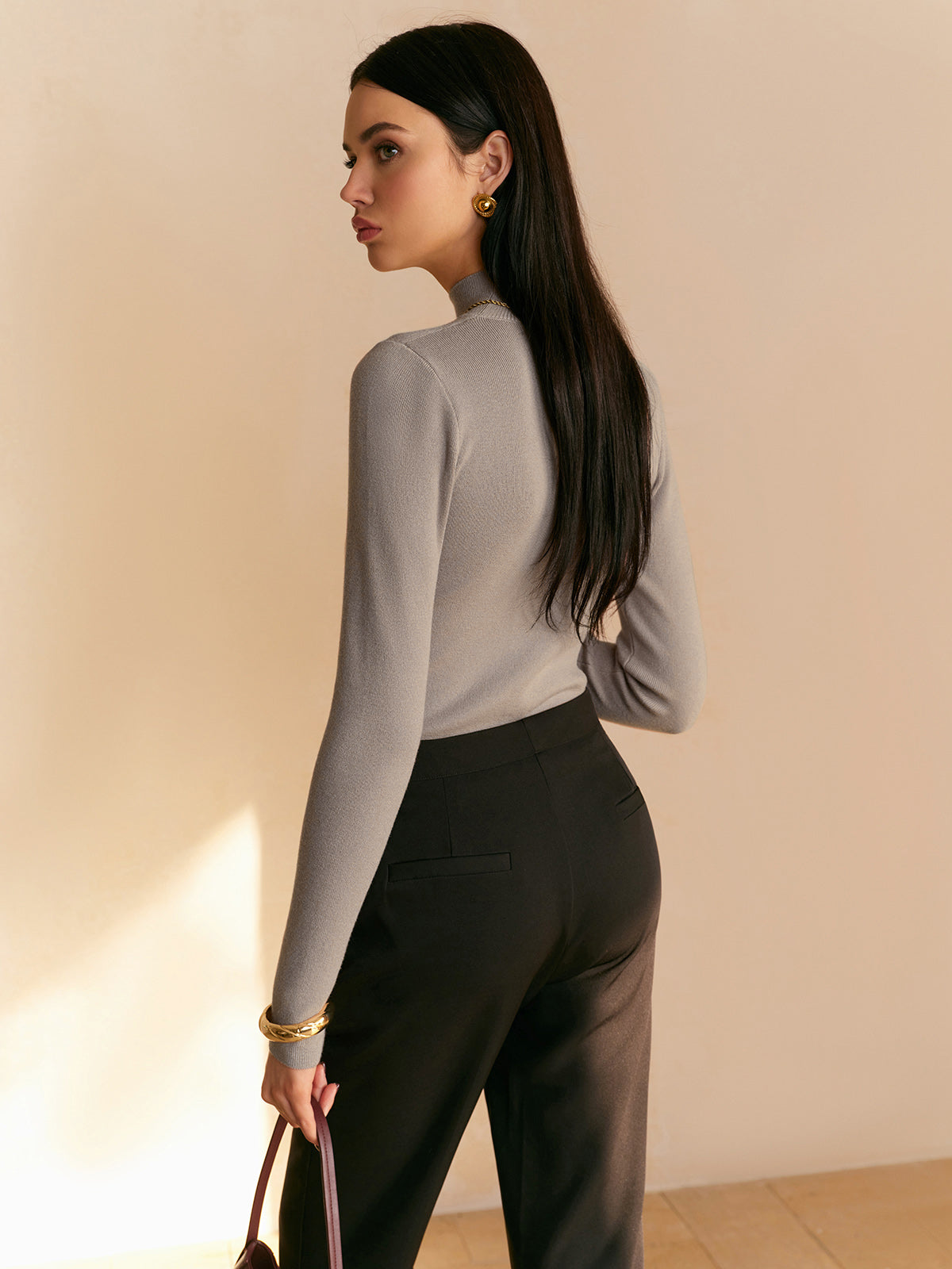 Knit Sweater Womens Rib Mock Neck Long Sleeve Extended Cuff Fitted