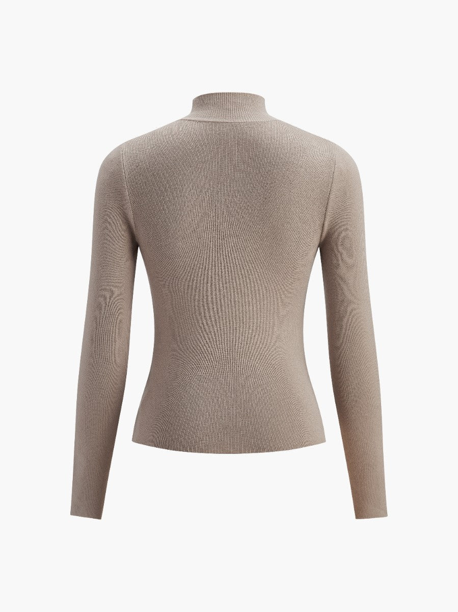 Knit Sweater Womens Rib Mock Neck Long Sleeve Extended Cuff Fitted