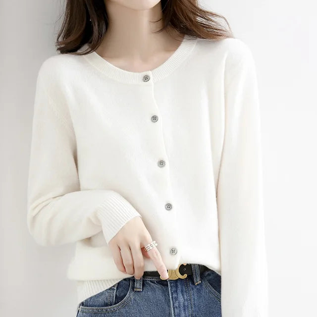 Fall Fine Knit Close Fit Crewneck Button Front Cardigan for Women in White