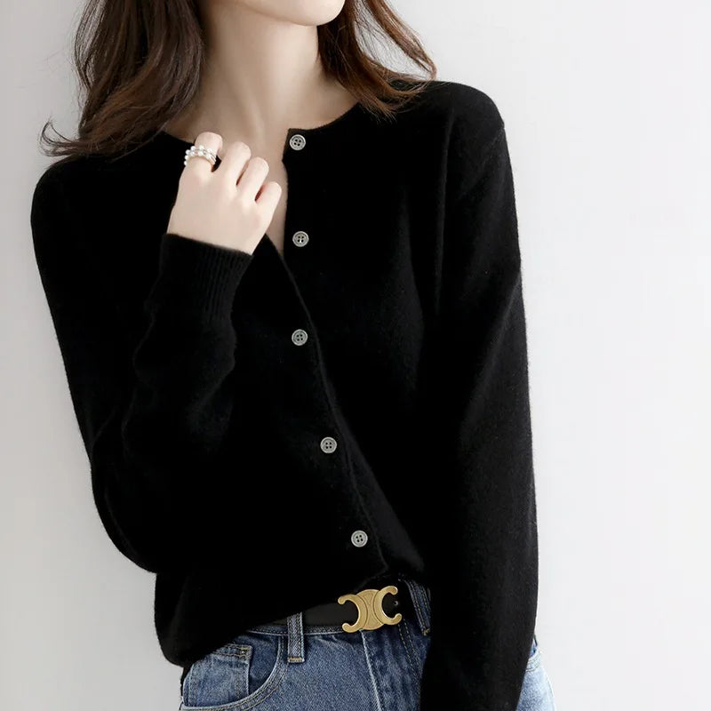 Fall Fine Knit Close Fit Crewneck Button Front Cardigan for Women in Black