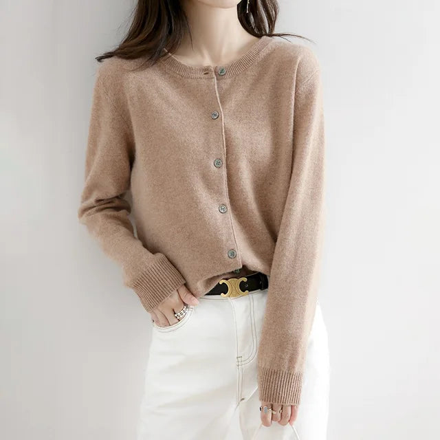 Fall Fine Knit Close Fit Crewneck Button Front Cardigan for Women in Light Brown