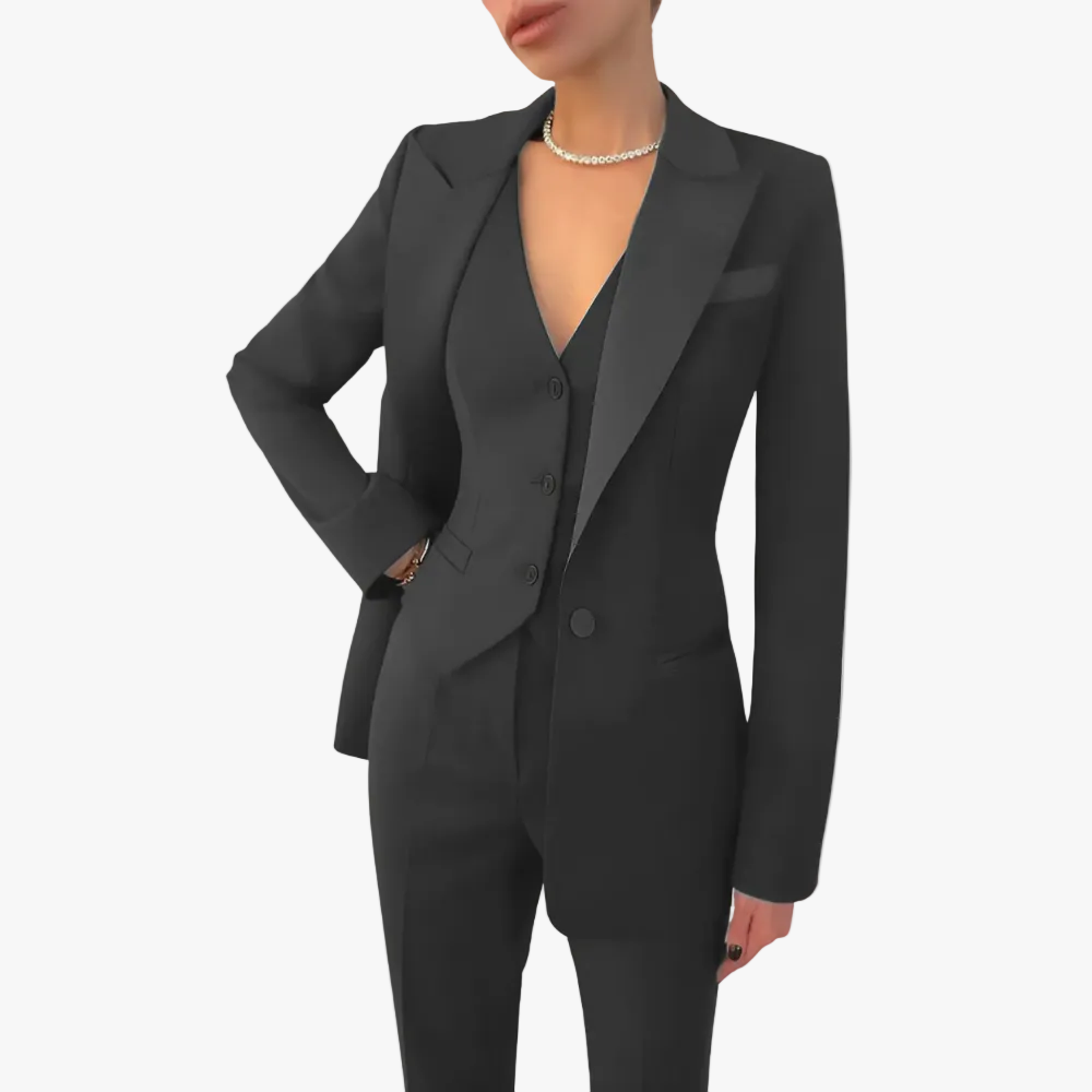 Three Piece Suit Womens Notch Lapel Blazer Button Vest Trouser Set