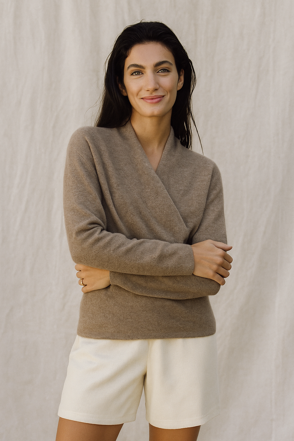 Knit Sweater Womens Wrap Front Crossover V Neck Ribbed Cuff Hem