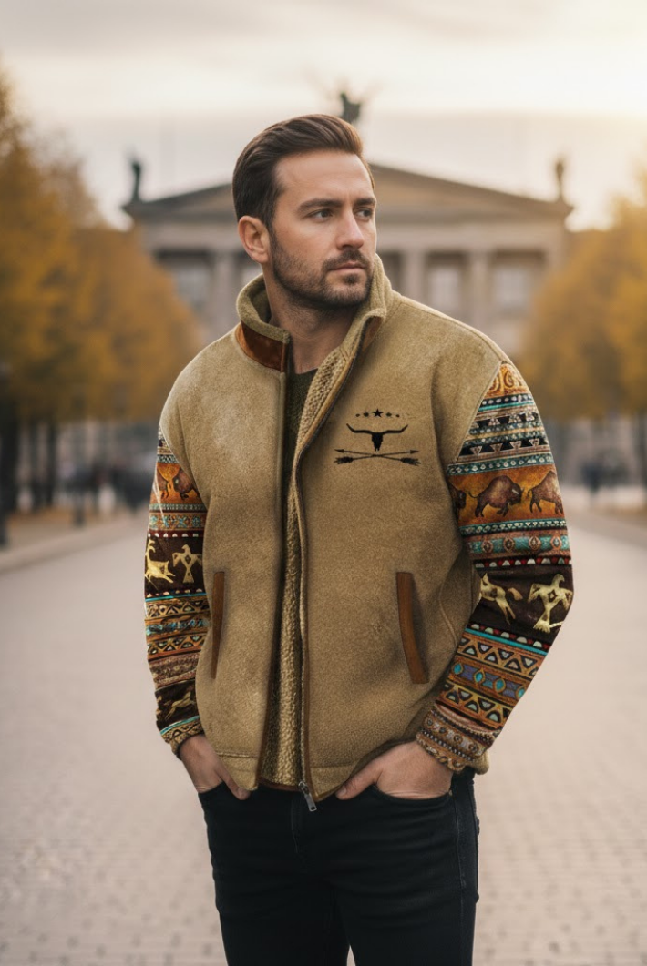 Sherpa Jacket Mens Fleece Aztec Pattern Knit Sleeve Zip Front Lined
