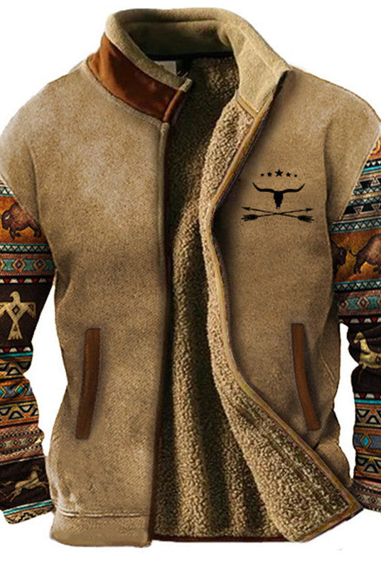 Sherpa Jacket Mens Fleece Aztec Pattern Knit Sleeve Zip Front Lined