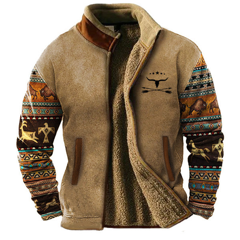 Sherpa Jacket Mens Fleece Aztec Pattern Knit Sleeve Zip Front Lined