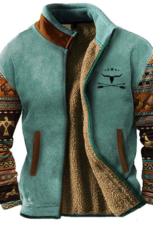 Sherpa Jacket Mens Fleece Aztec Pattern Knit Sleeve Zip Front Lined