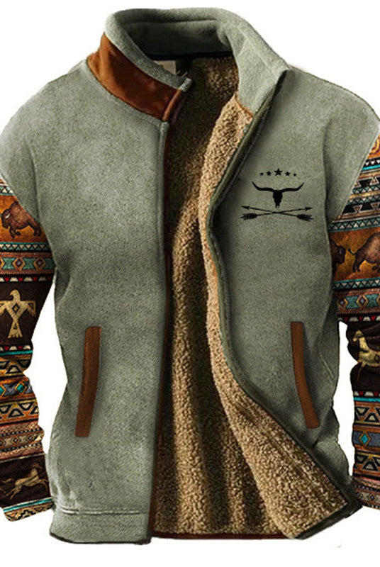 Sherpa Jacket Mens Fleece Aztec Pattern Knit Sleeve Zip Front Lined