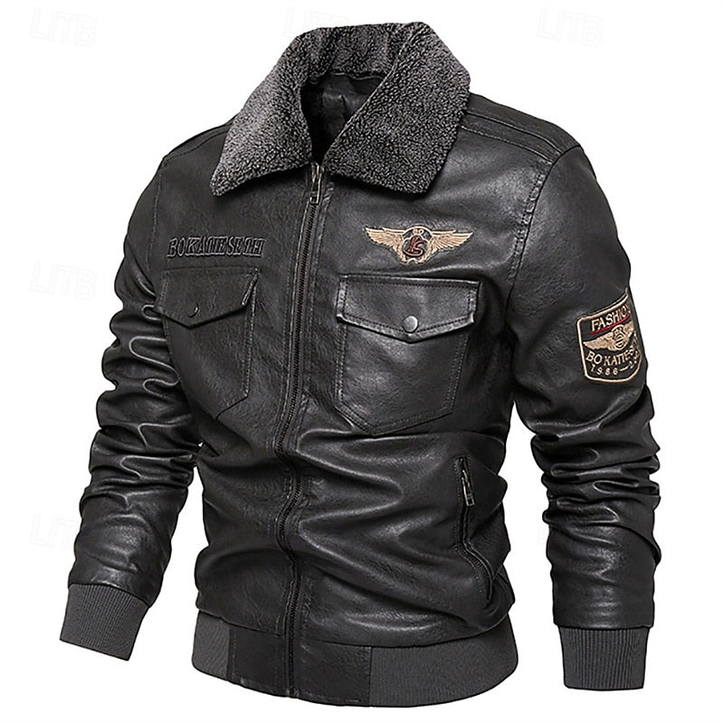 Aviator Jacket Mens Shearling Collar Faux Leather Bomber Winter
