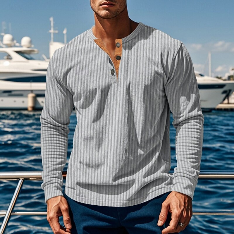 Henley Shirt Mens Ribbed Knit Long Sleeve Button Placket Fitted