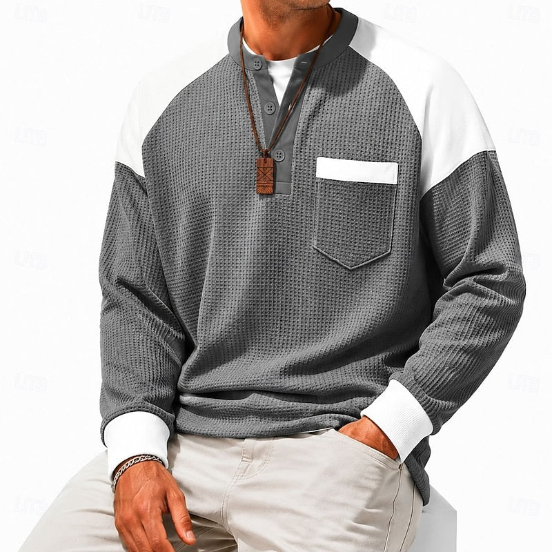 Henley Shirt Mens Colour Block Long Sleeve Button Placket Contrast