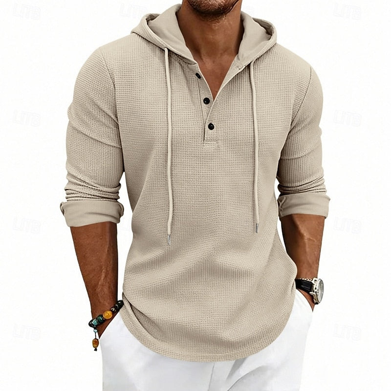 Henley Shirt Mens Hooded Long Sleeve Button Placket Relaxed Layer