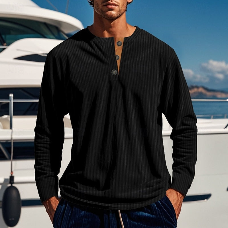 Henley Shirt Mens Ribbed Knit Long Sleeve Button Placket Fitted