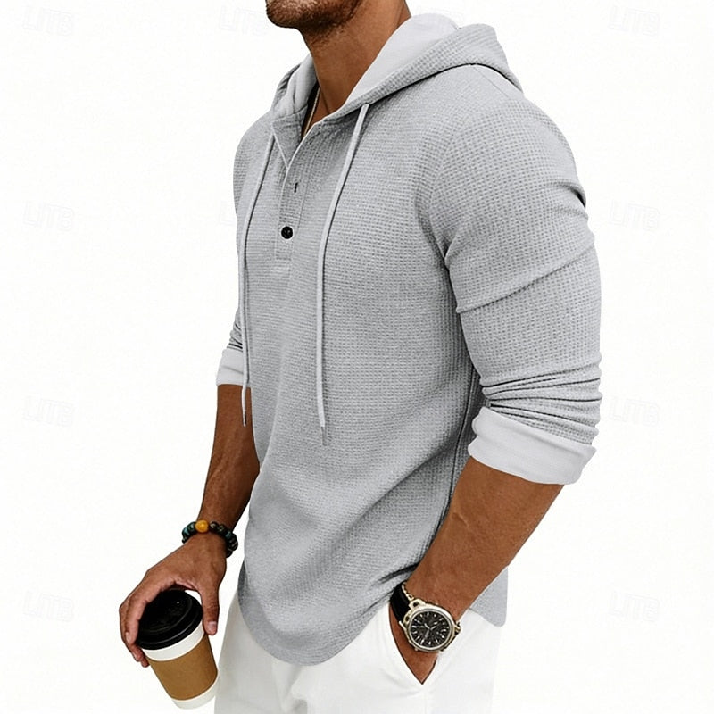 Henley Shirt Mens Hooded Long Sleeve Button Placket Relaxed Layer