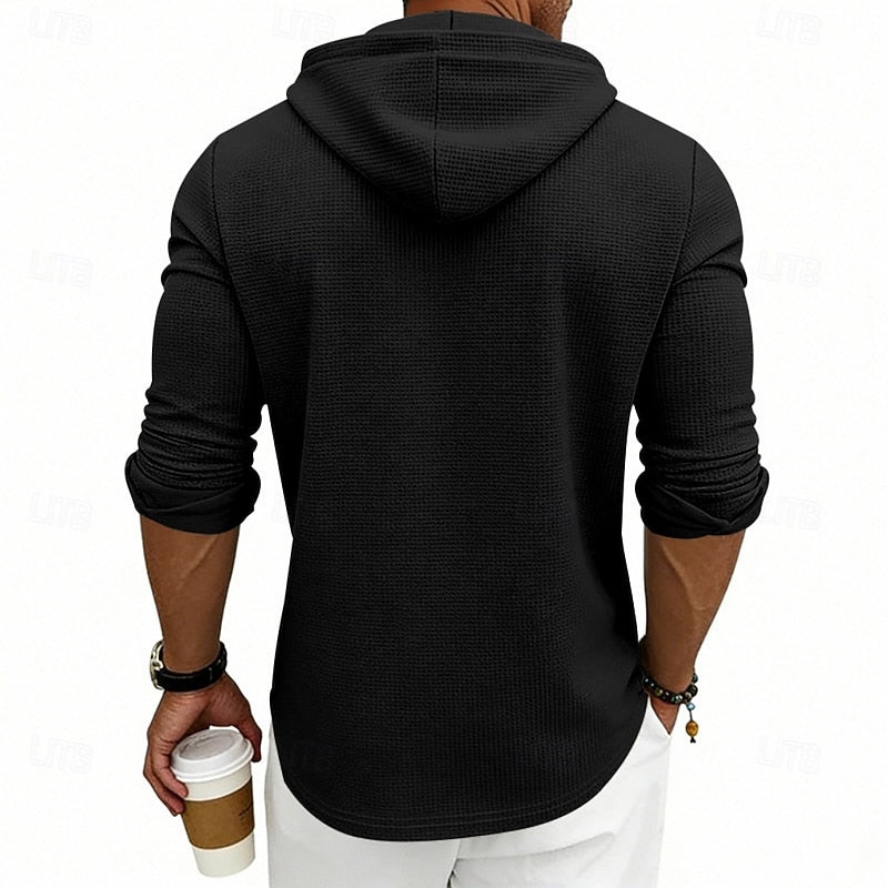 Henley Shirt Mens Hooded Long Sleeve Button Placket Relaxed Layer