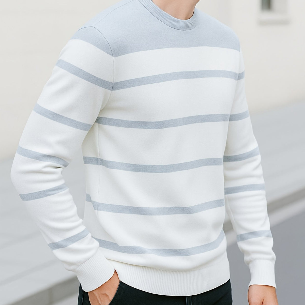 Knit Sweater Mens Striped Crew Neck Pullover Soft Classic Winter