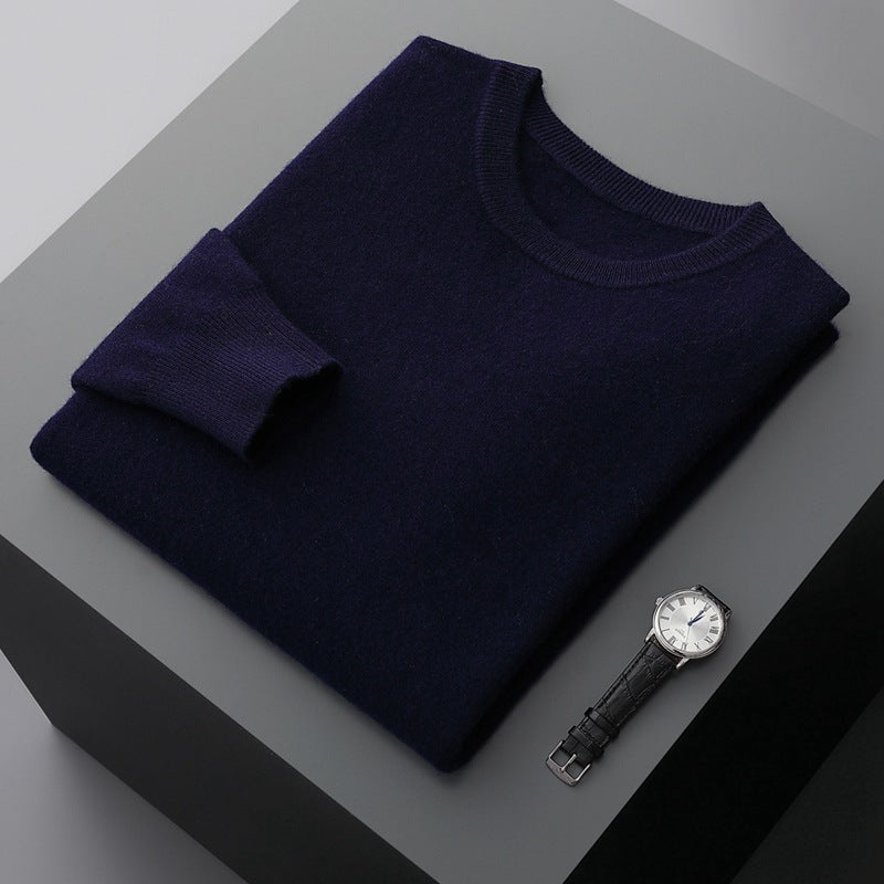 Fall Cashmere Feel Knit Crew Neck Sweater for Men in Navy