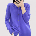 Fall Soft Brushed Fine Knit Crewneck Button Cardigan for Women in Dark Blue