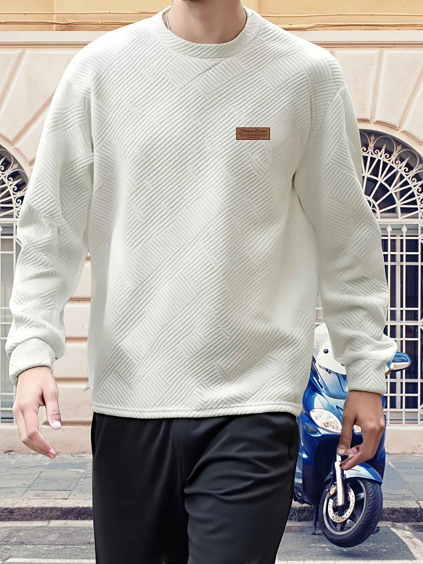 Sweatshirt Mens Crew Neck Textured Pullover Ribbed Trim Everyday